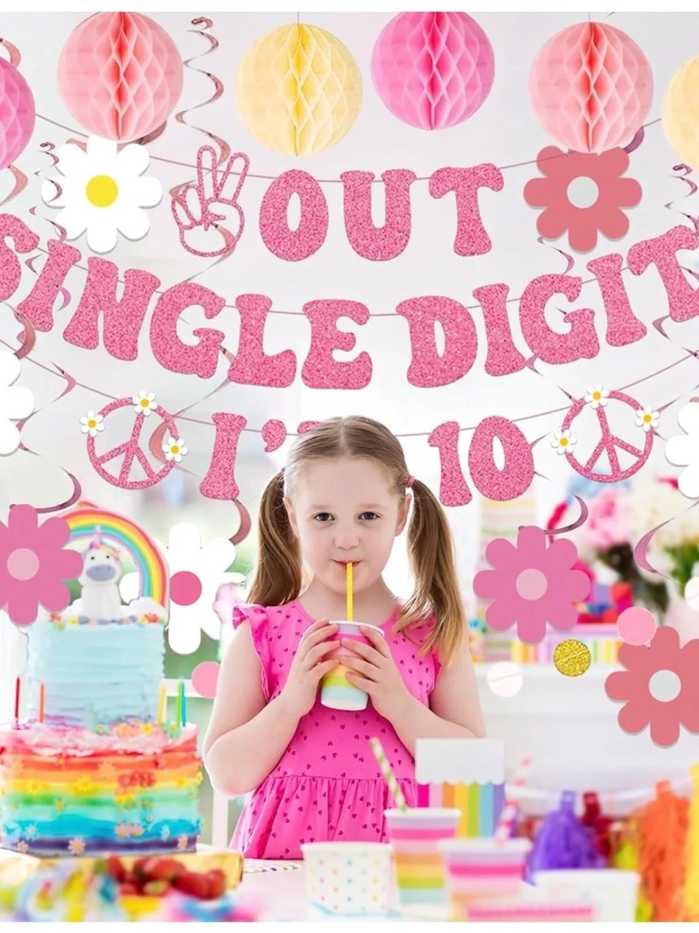 Out of Single Digits I'm 10 Pink Party Banner and Hanging Decorations -